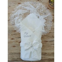 Dantelli Özel Taçlı Bebek Kundağı Unisex Bebek Dış Kundak Battaniyesi Hastane Çıkışı Hediyelik Knd45273 Ekru