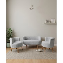 Sydney 2+1+1 Welsoft Tüylü Yumuşak Kumaş Balkon Çay Seti Koltuk Takımı - Ahşap Ayak - Açık Gri