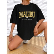 Malibu Kalp T-shirt - Siyah Baskılı Oversize Bisiklet Yaka Kısa Kol SIYAH