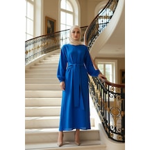 Benerly Kadın Maxi Boy Shift Kesim Uzun Kollu Bisiklet Yaka Kuşaklı Crink Saks