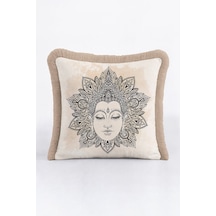 Mandala Sanatlı Saçaklı Yastık Kılıfı - Spiritüel Bohem Buda Bej Püsküllü Kırlent Kılıfı Açık Deniz Platin