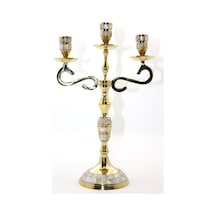 1 Adet Pirinç Sedefli 3'lü Şamdan Pirinç Ve Karışımı, Masa Üstü Dekorasyon, Mumluk, Candle Holder 35 23 Cm