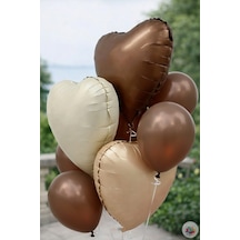 Kahverengi Kalp Folyo Balon Seti 3 Lü + 5 Adet Kahverengi Lateks Balon Çok Renkli