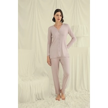 Mega Fair Uzun Kollu Düğmeli V Yaka Pijama Takımı VİZON