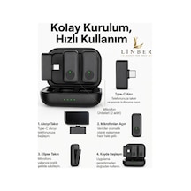 Siyah Kablosuz Yaka Mikrofonu Type-c Girişli Şarj Kutulu 2 Verici 1 Alıcı 48khz 24bit Gürültü Engellemeli. Siyah Siyah