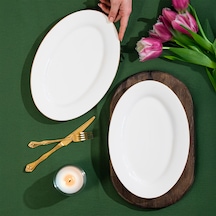 Porsima 4440 Gardenya Porselen Altın Fileli Kayık Tabak Seti - Oval Kahvaltılık Sunumluk Seti 30cm Beyaz