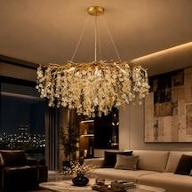 Masal Sıralı Gold Yemek Masası Üstü, Kristal Taşlı Modern, Oturma Odası, Salon Avize Altın