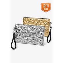 Adelina Bags 2'li Çanta Paketi Yıldız Desenli Portföy El Çantası Bilek Askılı Clutch Çanta Gri