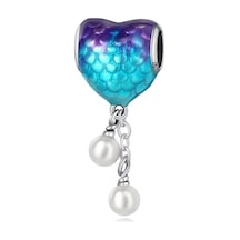 İnci Sallantılı Balık Pulu Deseni Kalp Charm Gümüş