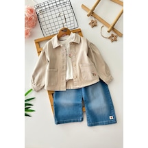 Miniğimin Cicileri Elegance Gül Nakışlı Ceketli Denim Pantolonlu Kız Çocuk 3 Lü Kombin - Bej