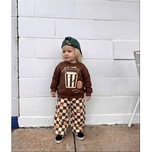 Milk & Cookies Baskılı Kahverengi Sweatshirt Ve Kurabiye Baskılı Oversize Eşofman Altı Unisex 3ip Ta Krem - Kahverengi