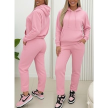 Hazego Kadın Uzun Kollu Kapşonlu Bağcıklı Üç Iplik Bluz Ve Pantolon Ikili Takım Pembe