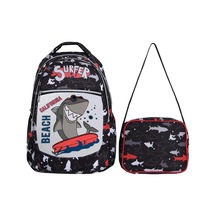 İlkokul Okul Sırt Çantası Kız Erkek Unisex Beslenme Çantalı Ortopedik 2li Set Köpek Balığı Siyah