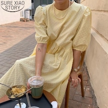 Kadın Uzun Elbise Yaz Rahat O-boyun Puf Kollu Büyük Boy Noktalar Zarif Kadın Elbisesi Bayanlar Gevşek Vestidos Femme Sarı