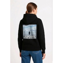 Kadın 3 İplik Pamuklu Kapüşonlu Hoodie Sweatshirt Survivor Penguen Baskılı - Siyah