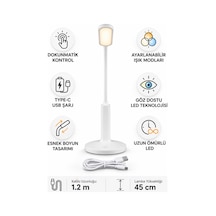 Şarjlı Dokunmatik Led Masa Lambası Type-c Esnek Boyunlu Ayarlanabilir Işık Modlu 45 Cm Beyaz
