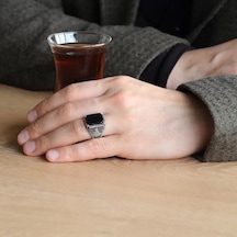 İpek Silver 925 Ayar Gümüş Nokta İşlemeli Tuğra Motifli Siyah Onıks Taşlı Erkek Yüzük