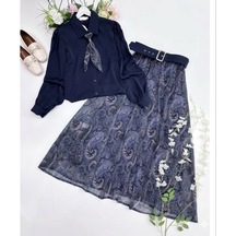 Lovie Moda Kadın Gömlek Fular Detaylı Kemer Etekli Takım - Lacivert