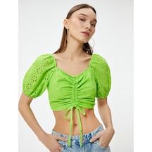 Koton Balon Kol Crop Bluz Fistolu Önden Bağlama Detaylı Büzgülü Astarlı Sarı 3sal60229ıw Sarı