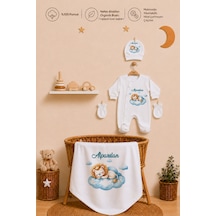 Pia Baby Erkek Bebek Hastane Çıkışı Seti 4 Parça %100 Pamuk İsimli Organik Baskılı Battaniyeli Tulum Seti 1010bt0x Krem