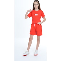 Toontoy Kids Toontoy Kız Çocuk Crop Aloha Yazı Baskılı Şortlu Takım Nar Çiçeği