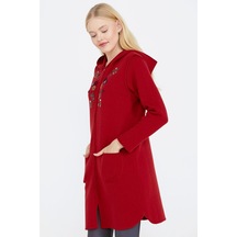 Nakış Desenli Kapüşonlu Kadın Triko Ceket - Kırmızı 001