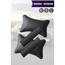 Skoda Octavia Uyumlu Set Deri Yastık Siyah Deri Kemer Koruyucu Lüks