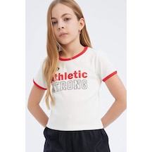 DeFacto Kız Çocuk Slim Fit Dar Kesim Bisiklet Yaka Baskılı Fitilli Kaşkorse Kısa Kollu Tişört D8542A825SMER85 Ekru