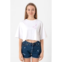 Blackpink Rose Signature Beyaz Kadın Crop Tshirt Beyaz