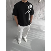 Erkek Kısa Kol Tişört Bisiklet Yaka Gül Baskılı Oversize T-shirt - Siyah