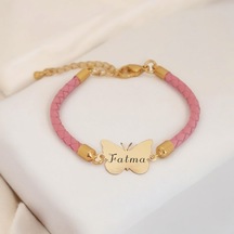 Archin Fatma İsmine Özel Doğal Pembe Derili Kelebek Motifli 14 Ayar Altın Plakalı Hediye Bileklik-429isim Fatma