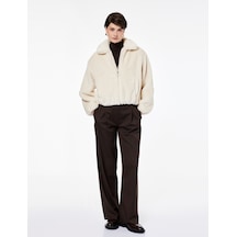 Koton Uzun Kollu Cepli Fermuarlı Crop Peluş Bomber Ceket Ekru 6wak00130ew Ekru