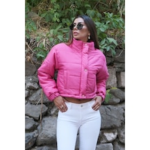 Keyifli Moda Kadın Pembe Dik Yaka Çıtçıtlı Fermuarlı Kısa Şişme Mont - 38 Pembe