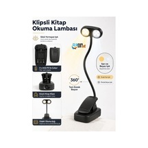 Gözü Yormayan Klipsli Kitap Okuma Işığı 3w Smd Led Mandallı Pilli Lamba 360 Esnek Boyun Sarı Ve Beyaz Işık Siyah