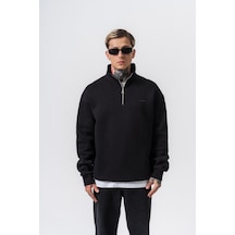 Erkek Respire Yazı Detaylı Yarım Fermuarlı Basic Sweatshirt Siyah