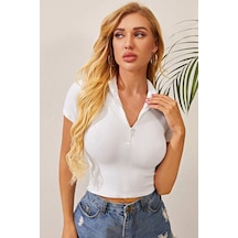Angbutik Kadın Beyaz Yarım Fermuarlı Ve Kısa Kollu Crop Top Bluz