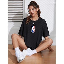 Unisex Kadın/erkek Nbbaa Özel Baskılı Renkli Oversize Penye T-shirt Siyah