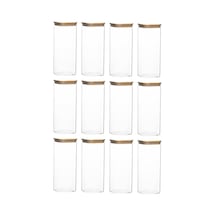 7-4 Bambu Vakumlu Kapaklı Kare Borsilikat Cam 12li Kavanoz Seti Saklama Kabı 1900ml 9,5x27cm Çok Renkli