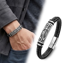 Moncuk Design Fleur De Lis Motifli Çelik Kilitli Siyah Deri Erkek Bileklik 33511b8d1