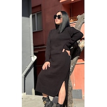 Meghan L.a Siyah Triko Owersize Yırtmaçlı Balıkçı Yaka Uzun Elbise