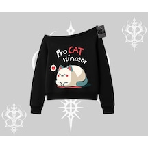 Paws Off Yazılı Kedi Baskılı Streetwear Kapşonlu Crop Sweatshirt Gri