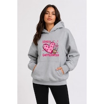 Herkesemoda Lovely Baskılı Kapüşonlu 2 İplik Şardonlu Sweatshirt Gri