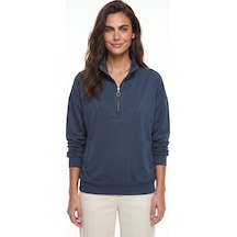 Onloox Kadın Füme Füme Pamuklu Modal Dokulu Dik Yaka Yarım Fermuarlı Oversize Cep Detaylı Sweatshirt