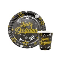 Karton Tabak Bardak Set İyi Ki Doğdun 8li Siyah