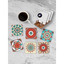 Pster21257 Etnik Mandala Desenli Standlı Ahşap Bardak Altlığı Seti, 6 Adet Baskılı Bardak Fincan Kahve Altlığ Diğer