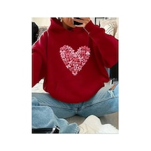 Herkesemoda Kalp Fiyonk Baskılı İçi Polarlı Kapüşonlu Sweatshirt Kırmızı