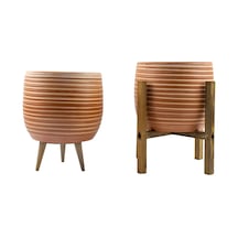 Bitki Tasarımı Ev Dekorasyon Yan Çizgi Desenli Toprak Saksı Saksılık Salon Çiçeklik İkili Set 3 Ayaklı- 4 Ayaklı- 19 Cm