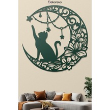Floral Hilal Ve Kedi Silüeti Dekoratif Metal Tablo - Metal Duvar Sanatı - Yosun Yeşili - 30 X 30 Cm Yeşil