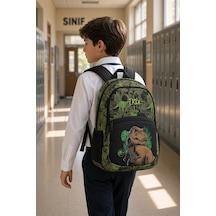 T-rex Dinozor İlkokul Okul Çantası 3 Bölmeli Yeşil Çocuk Sırt Çantası 40 X 30 X 15 Cm Çok Renkli