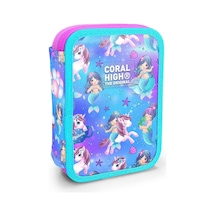 Kids Mor Pembe Unicorn Deniz Kızı Desenli Çift Katlı Kalem Çanta 11138 Mavi Lila Çok Renkli